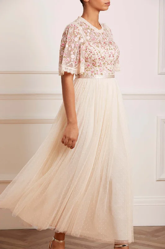 Rosie Lace Bodice Short Sleeve Ankle Gown Lace Evening Dress