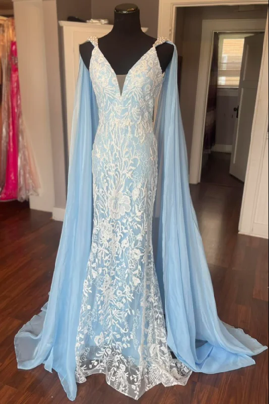 Lace Mermaid V-Neck Backless Formal Prom Dress With Bolero Lace Dress with Belt