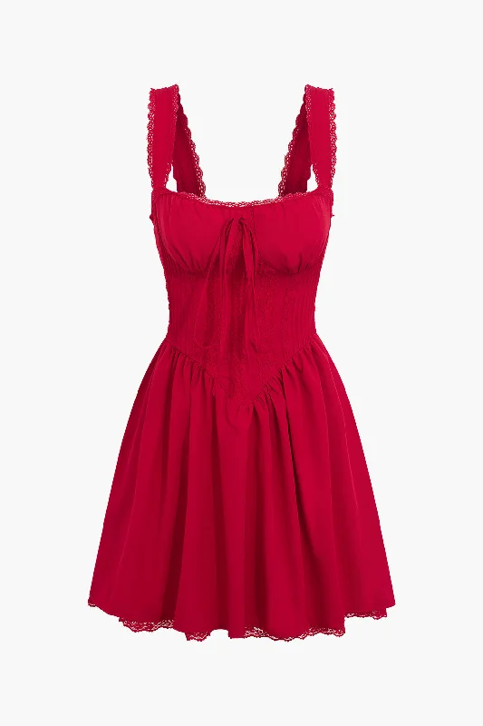 Lace Trim Square Neck Sleeveless Pleated Mini Dress Lace Dress Flare