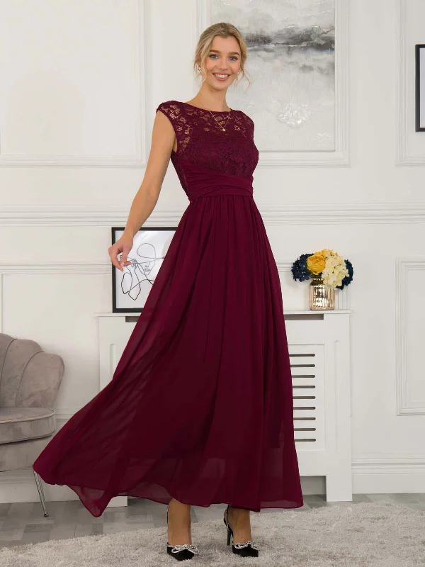 Lace Bodice Chiffon Maxi Bridesmaid Dress, Burgundy Tiered Lace Dress