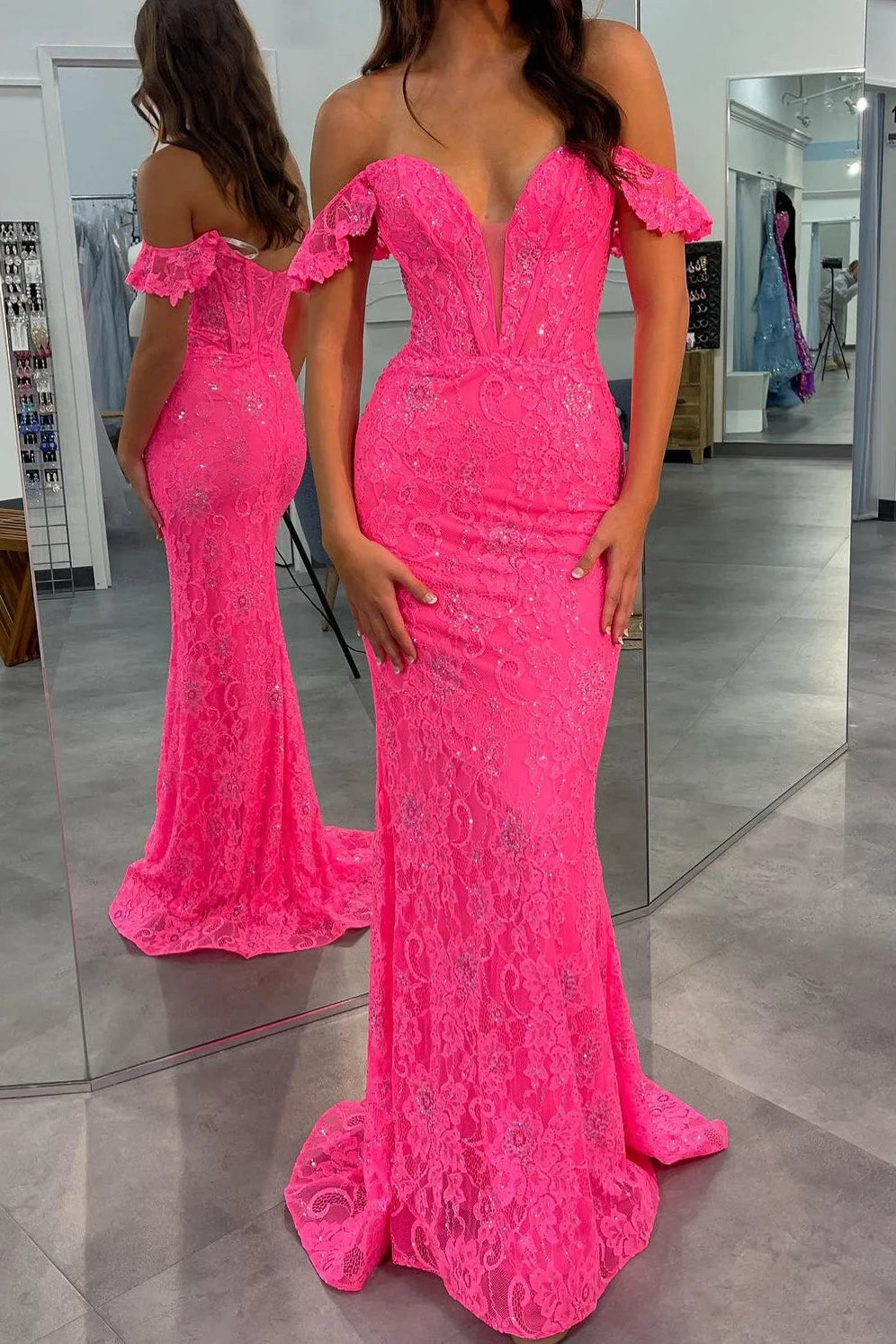 Off-Shoulder Sleeveless Fully Lace Mermaid Prom Dress Lace Detail Gown