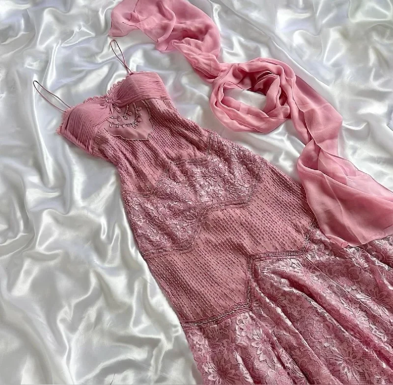 Pink Spaghetti Straps Lace Beading Vintage Long Prom Dress, DP4279 Sheer Lace Dress