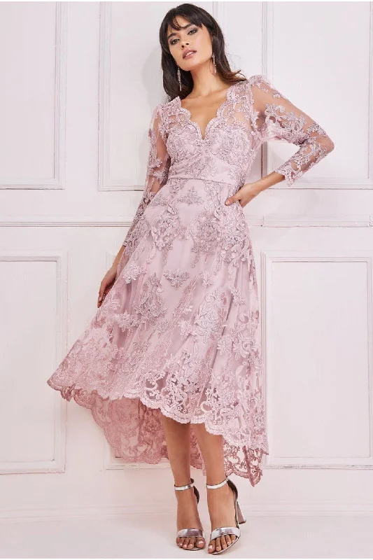 Goddiva Scalloped Lace Dipped Hem Midi Dress - Blush Lace Bridesmaid Dress
