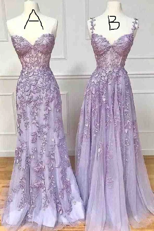 Lilac Lace Appliques Sweetheart Sleeveless Formal Prom Dress Lace Gown Glam