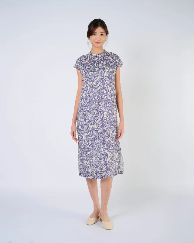 Cap Sleeve Cheongsam Dress in Purple Lace Off-shoulder Lace Dress
