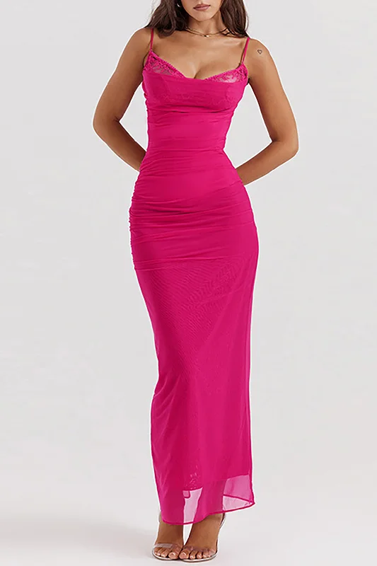Lace Mesh Ruched Slit Slip Maxi Dress Off-the-shoulder Lace