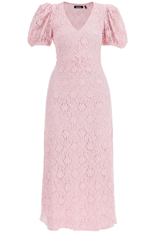 Rotate Women's pink Lace Midi Dress With Puff Sleeves Full Lace Dress
