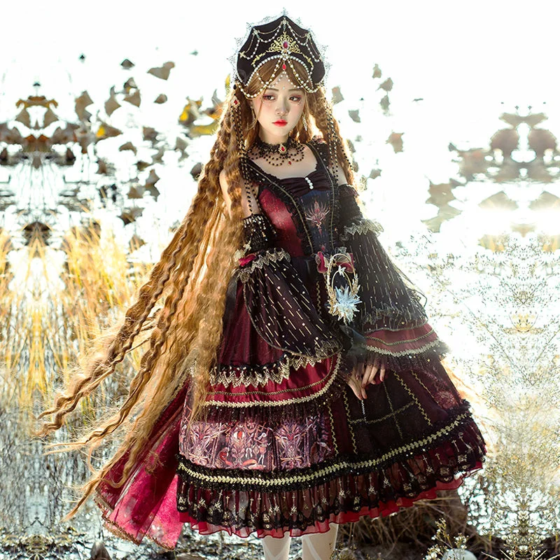 (Buyforme)YingLuoFu~Black Red Retro Palace Elgant Classical Lolita JSK Bohemian Lace Dress (Buyforme)YingLuoFu~Black Red Retro Palace Elgant Classical Lolita JSK Bohemian Lace Dress