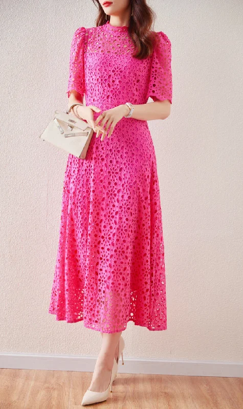 Lace Embordered Short Sleeve Hollow Out Elegant Midi Dress Lace Dress Casual