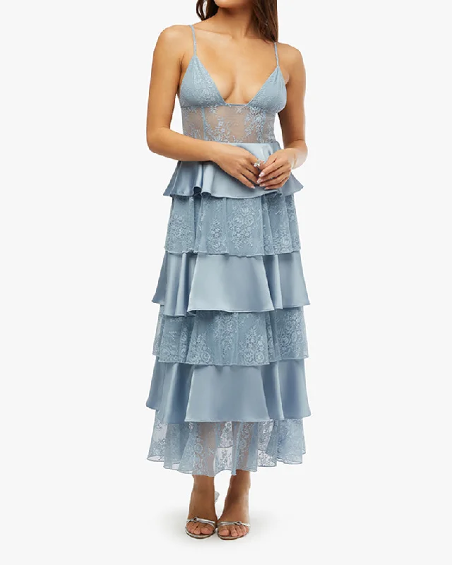 Tiered Lace Midi Dress Lace Fit-and-Flare