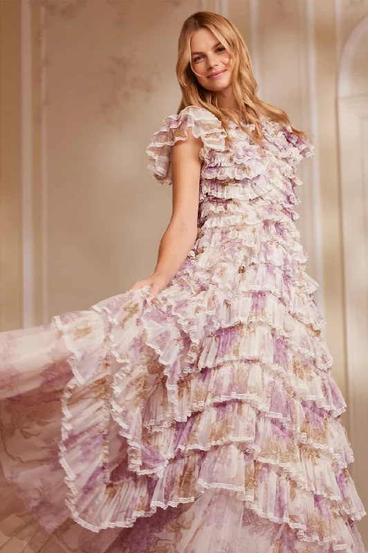 Wisteria Ruffle Lace Gown Satin Lace Dress