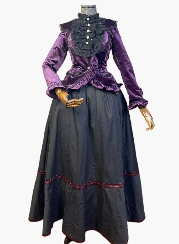 deep purple suit with a lace fake collar