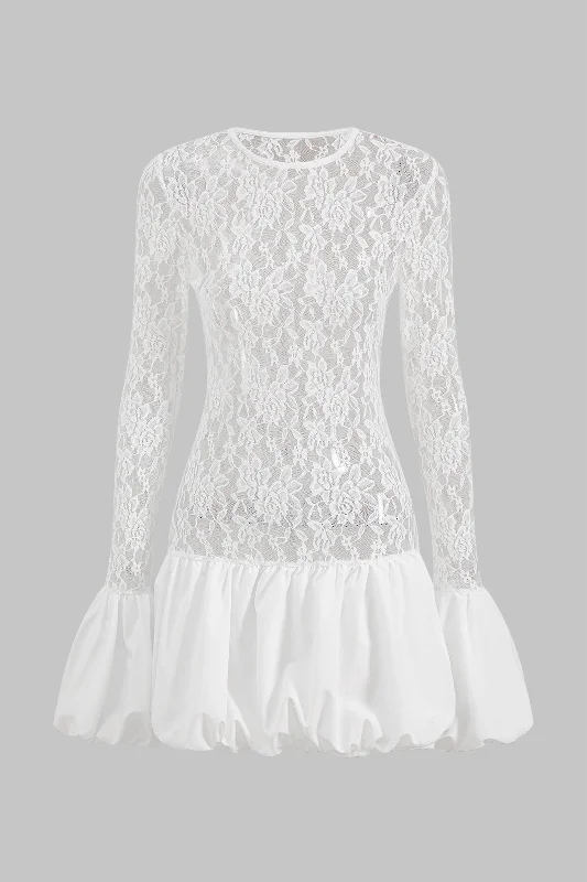 Lace Round Neck Bell Sleeve Mini Dress Lace Dress Trendy