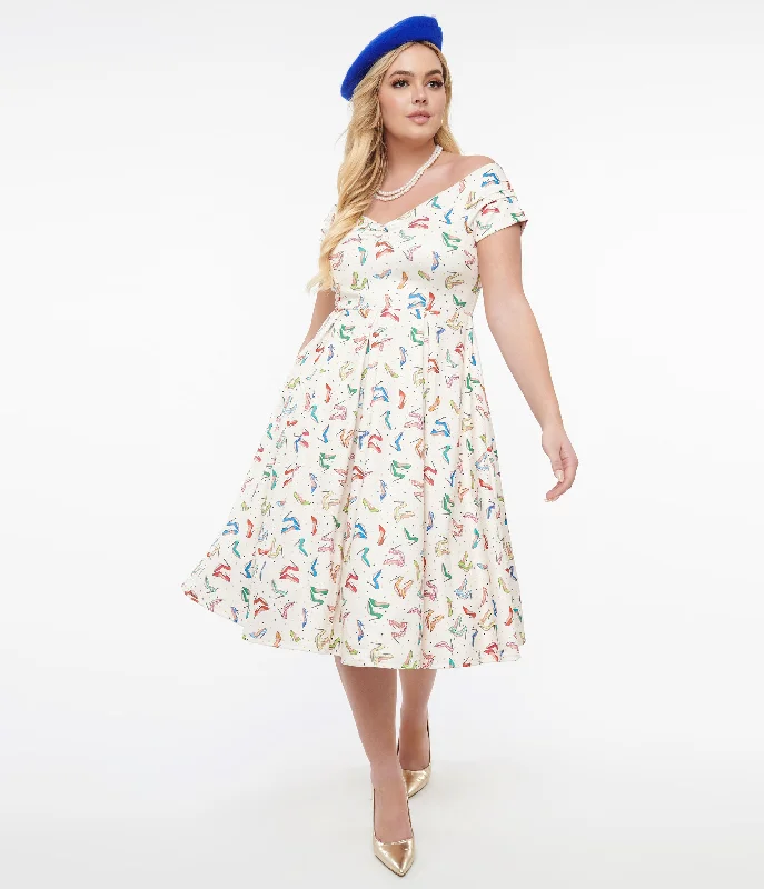 Dolly & Dotty 1950s Cream & Multicolor Heels Swing Dress