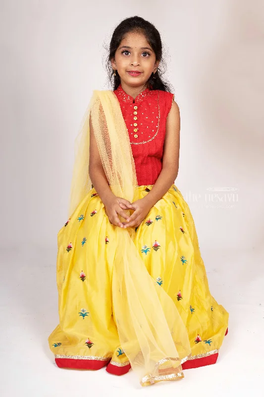 Yellow Embroidery Lehenga With Red Pin-Tucked Collar Top