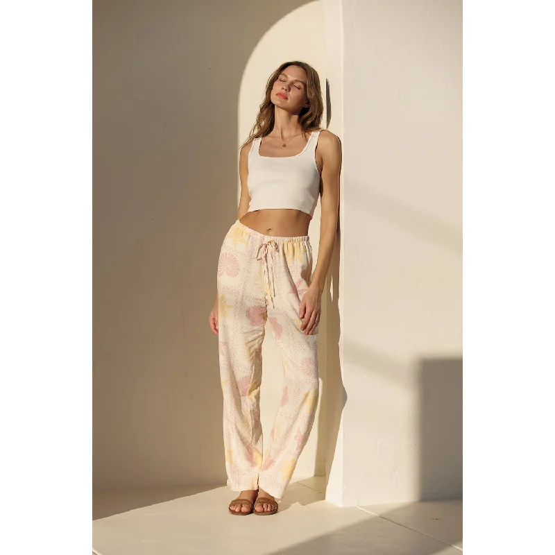 Printed Linen Pull On Pants - Pink Orange