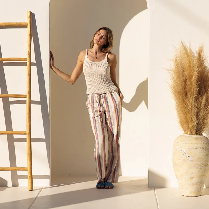Printed Linen Pull On Pants - Multi Stripe