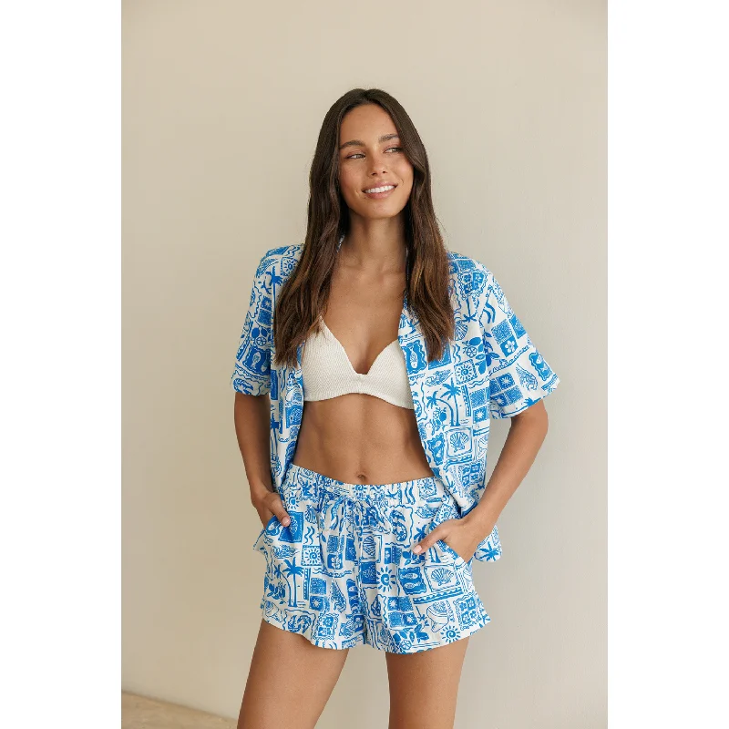 Printed Linen Short Sleeve Shirts - Blue
