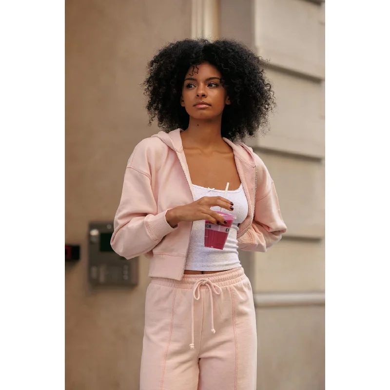 Vintage Washing Cropped Zip-Up Hoodie Sweatshirts - Chalk Pink