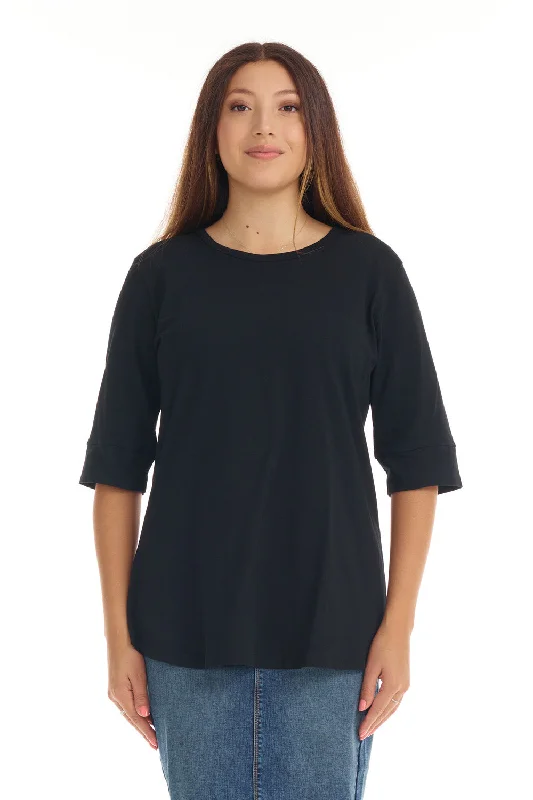 Black Elbow Sleeve Cotton Tunic Top for Women