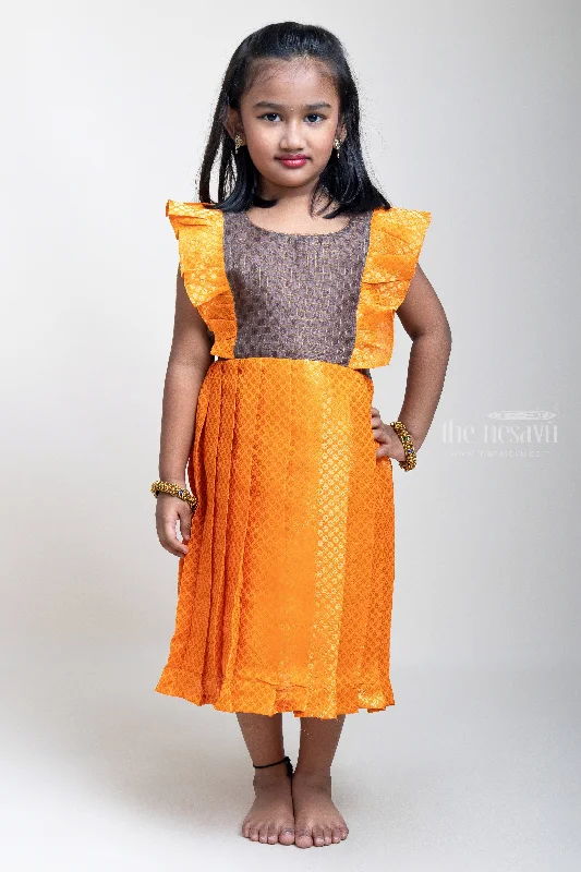 Silk Frock With Brown Yoke And Brocade Printed Orange Flare