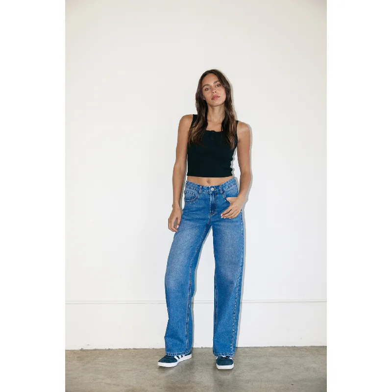 High Rise Studded Wide Leg Jeans - Dark Wash