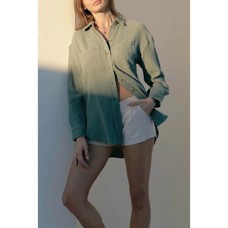 Crinkle Gauze Loose Fit Button-Down Shitrs - Dark Green