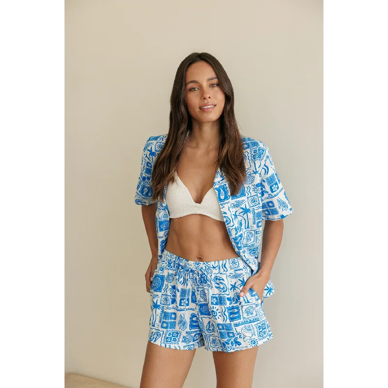 Printed Linen Pull-on Shorts - Blue