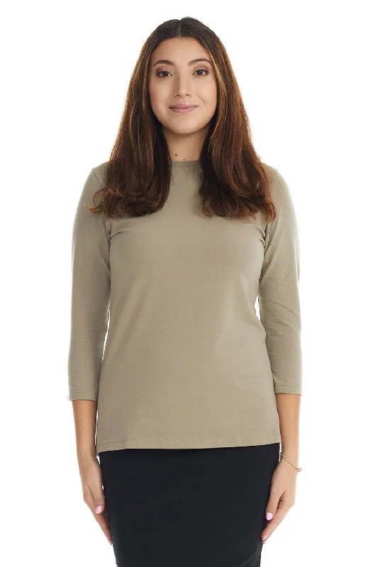 Brown 3/4 Sleeve Modest Relaxed Fit Crewneck Top for Women