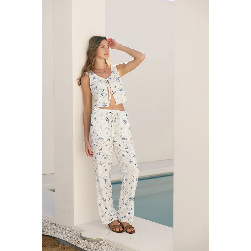 Printed Linen Pull On Pants - Blue