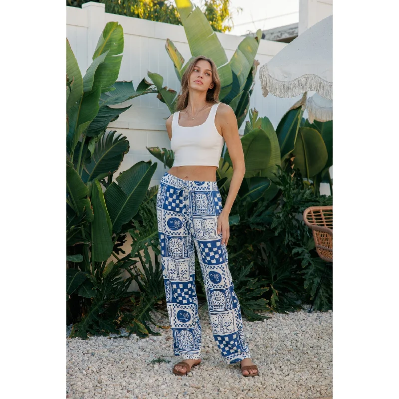 Printed Linen Pull On Pants - Blue