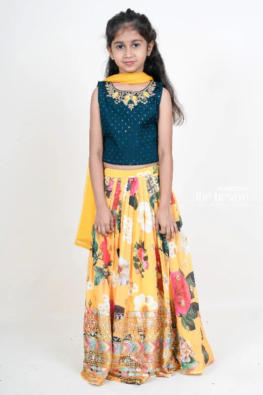 Yellow Floral Embroidery Lehenga With Mid-Night Blue Crop Top For Baby Girls