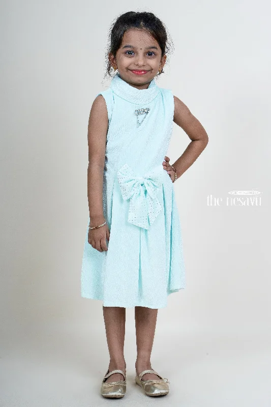 Skyblue Velvet Designer Bow Embellished Party Wear Dresses For Girls