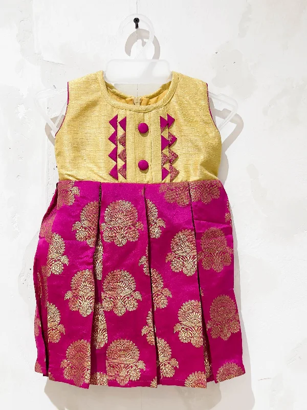 Magenta Banarasi Silk Frock With Designer Yoke