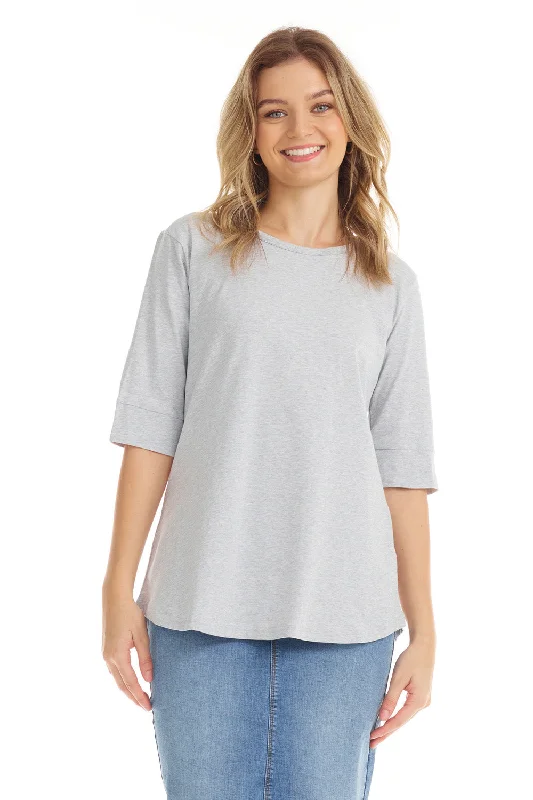 Heather Grey Elbow Sleeve Cotton Tunic Top for Women