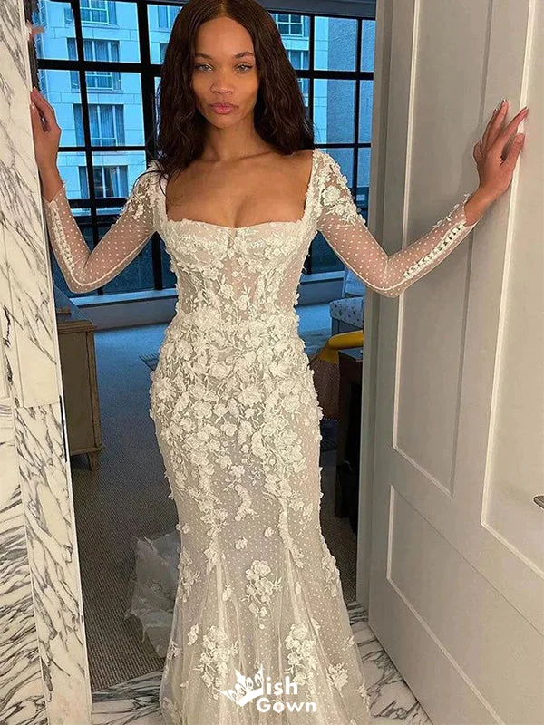 Romantic Square Mermaid Long Sleeve With Trailing Flower Lace Popular Bridal Long Wedding Dresses, WDH153 Romantic Square Mermaid Long Sleeve With Trailing Flower Lace Popular Bridal Long Wedding Dresses, WDH153