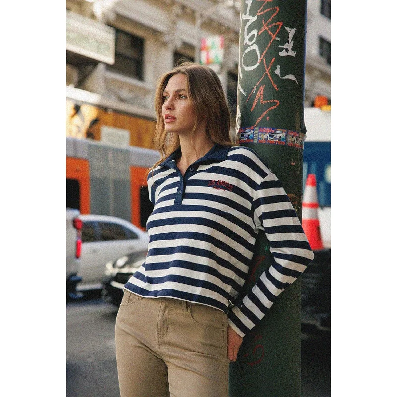 French Terry Stripe Cropped Polo Top - Navy White