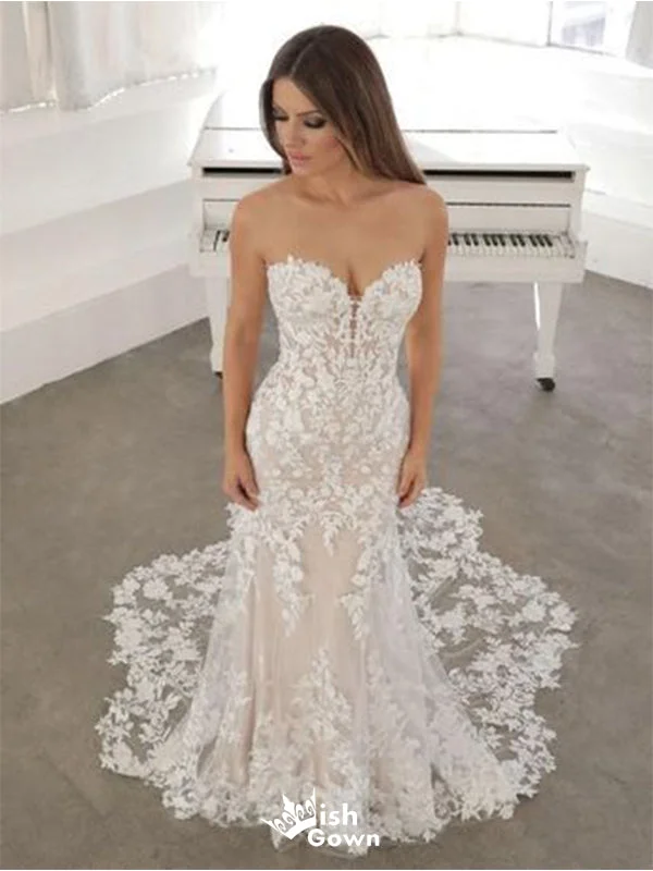 Romantic Sweetheart Mermaid Sleeveless With Trailing Flower Lace Popular Bridal Long Wedding Dresses, WDH151 Romantic Sweetheart Mermaid Sleeveless With Trailing Flower Lace Popular Bridal Long Wedding Dresses, WDH151