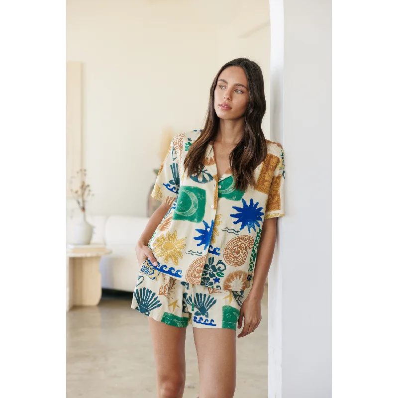 Printed Linen Shirt & Shorts Set - Blue