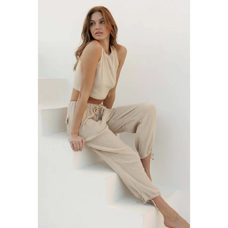Crinkle Gauze Drawstring Tie Hem Jogger - Fog Taupe