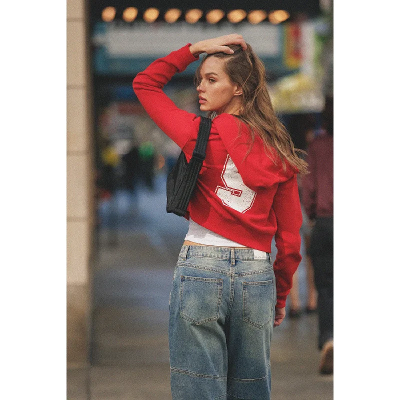 California Print Cropped Zip Up Hoodie - Red