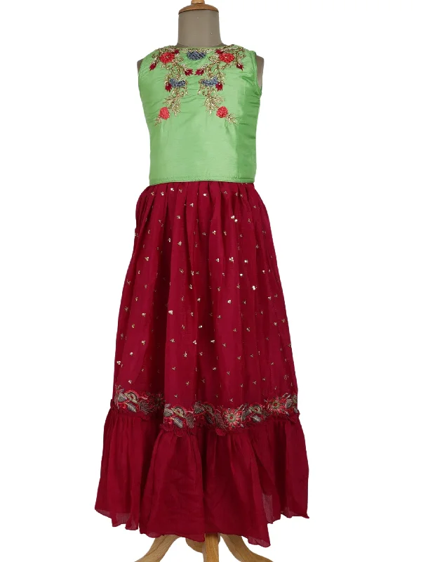 Red Wine Fancy Lehenga With Pista Green Embroidery Top
