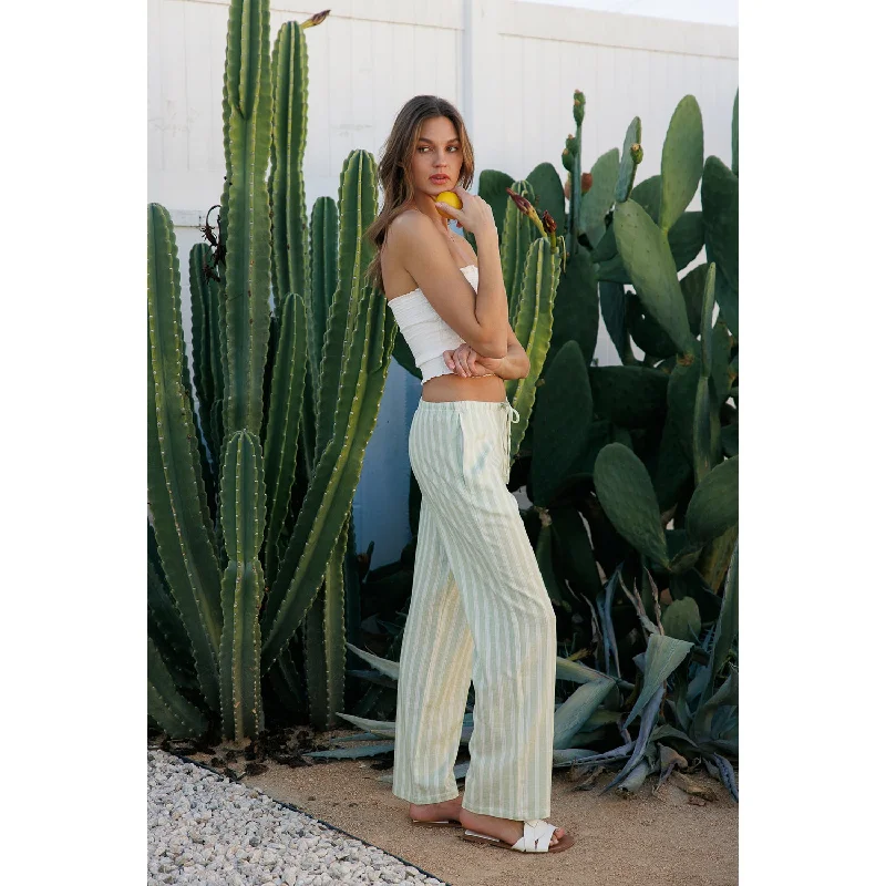 Printed Linen Pull On Pants - Sage White