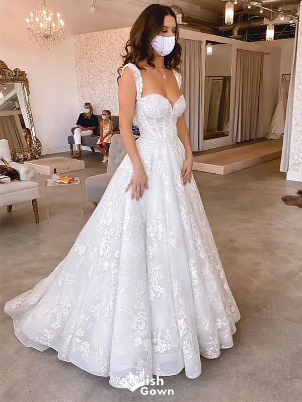 Romantic Lace Strapless A-Line Long Sleeve With Trailing Flower Lace Popular Bridal Long Wedding Dresses, WDH156 Romantic Lace Strapless A-Line Long Sleeve With Trailing Flower Lace Popular Bridal Long Wedding Dresses, WDH156