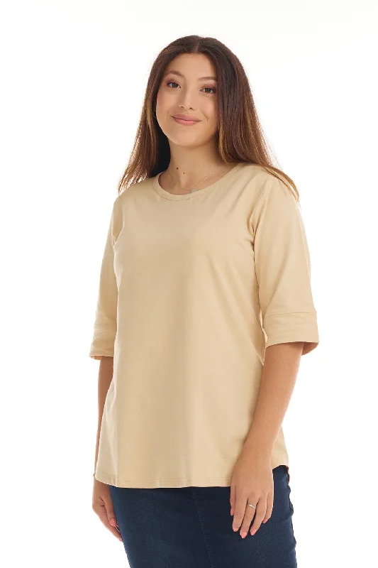 Tan Elbow Sleeve Cotton Tunic Top for Women