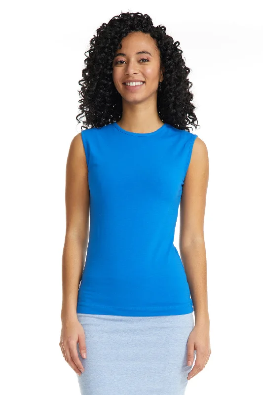 Blue Sleeveless Cotton Crewneck Shirt for Women