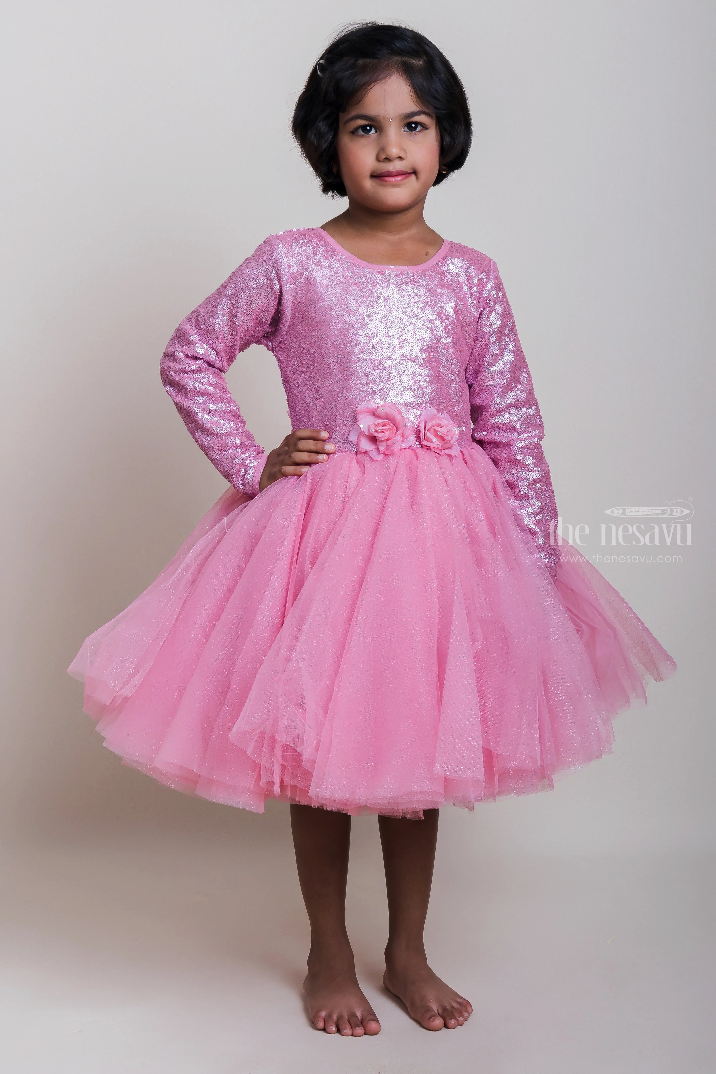 Sequenced Pink Netted Party Frock With Embellishment For Girls