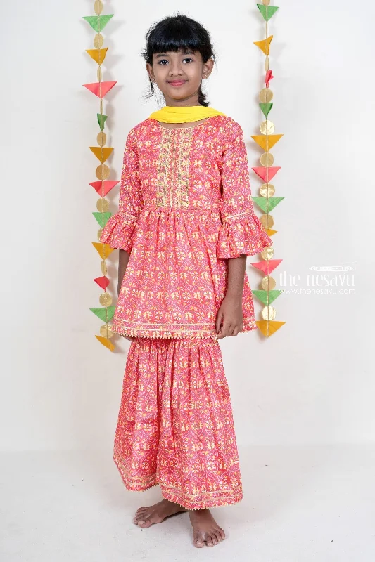 Red Printed Designer Cotton Sharara Pant With Tunic Top For Girls