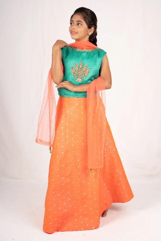 Orange Golden Print Raw Silk Skirt With Dark Green Designer Top