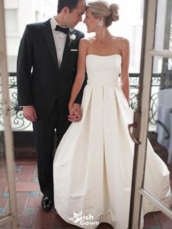 Romantic Strapless A-Line Long Sleeve With Trailing Flower Lace Popular Bridal Long Wedding Dresses, WDH155 Romantic Strapless A-Line Long Sleeve With Trailing Flower Lace Popular Bridal Long Wedding Dresses, WDH155